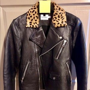 Men’s Leather Biker Jacket with Leopard Collar
